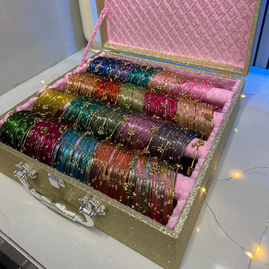 Fairy Bangles Trunk Box With Led Light And Name ( 240 bangles+ 44 Ghungroo bangles )