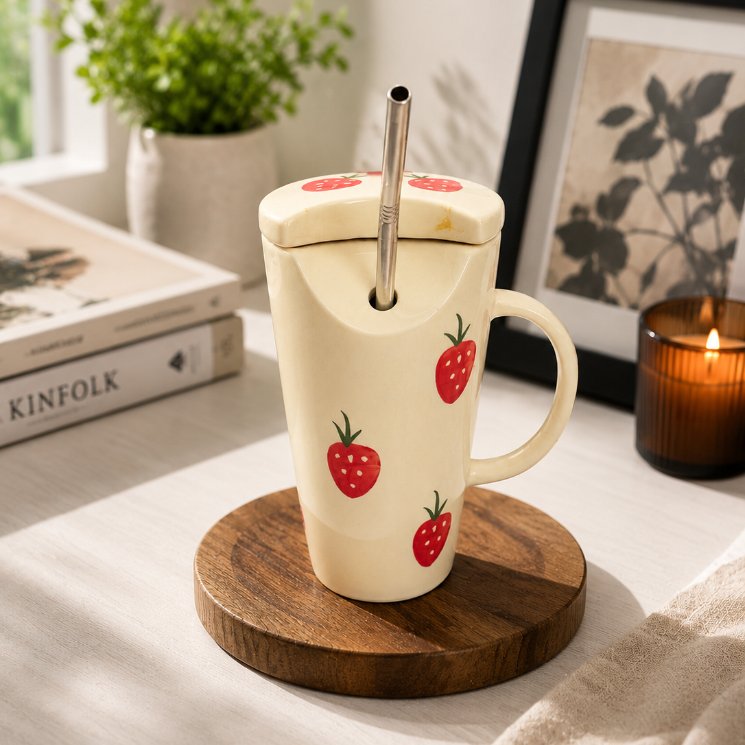 Ceramic Tumbler With Straw - Strawberry