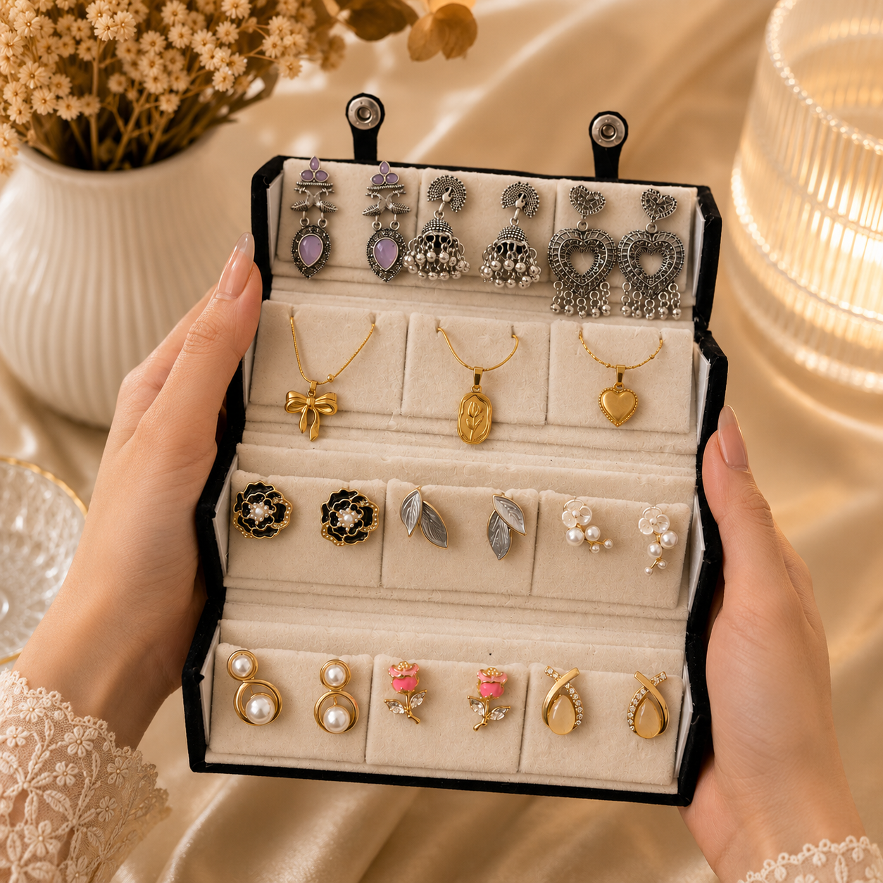 Earring Box With ( 3 Oxidised Jhumka + 3 Anti Tarnish Necklace + 6 Korean Earrings )