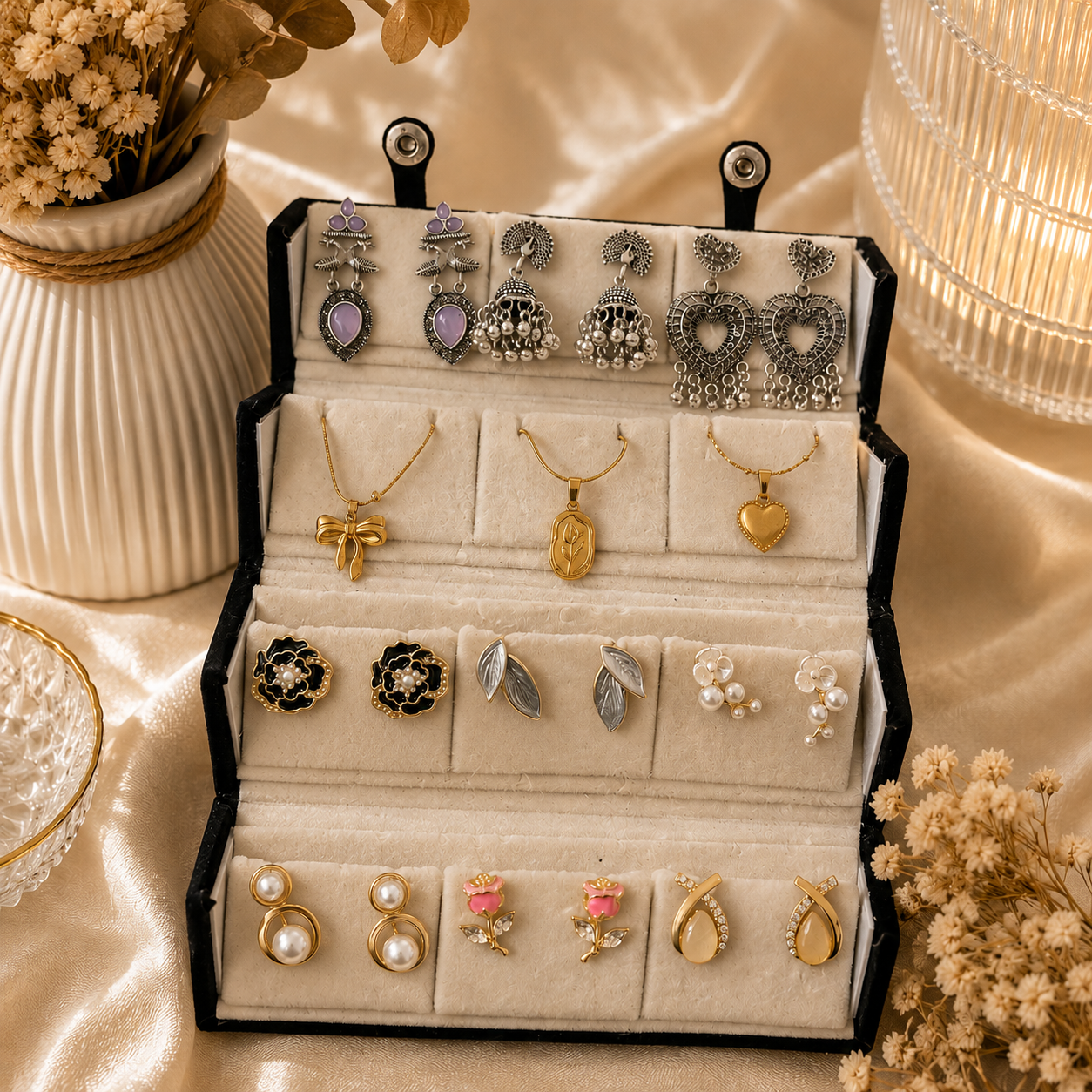 Earring Box With ( 3 Oxidised Jhumka + 3 Anti Tarnish Necklace + 6 Korean Earrings )