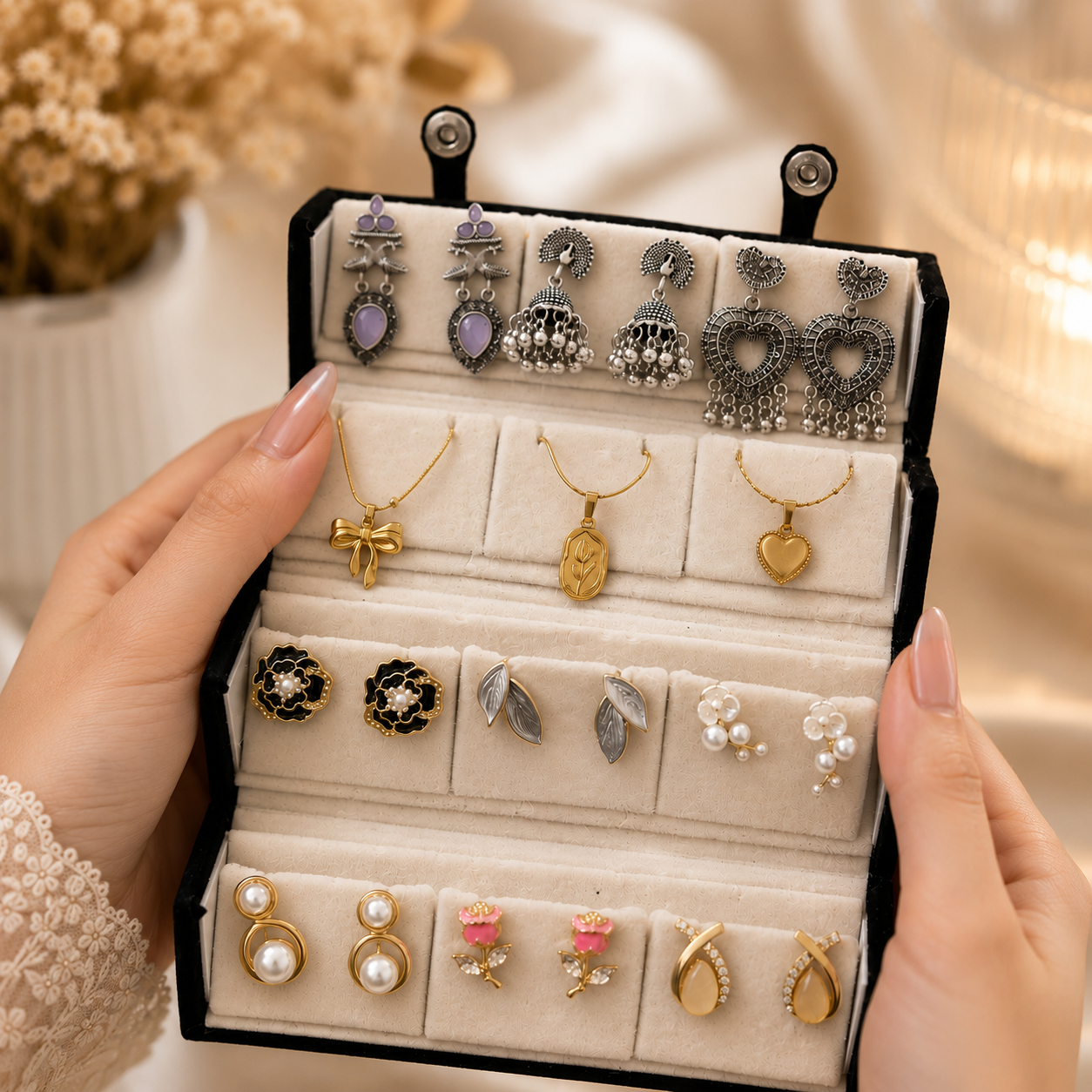 Earring Box With ( 3 Oxidised Jhumka + 3 Anti Tarnish Necklace + 6 Korean Earrings )