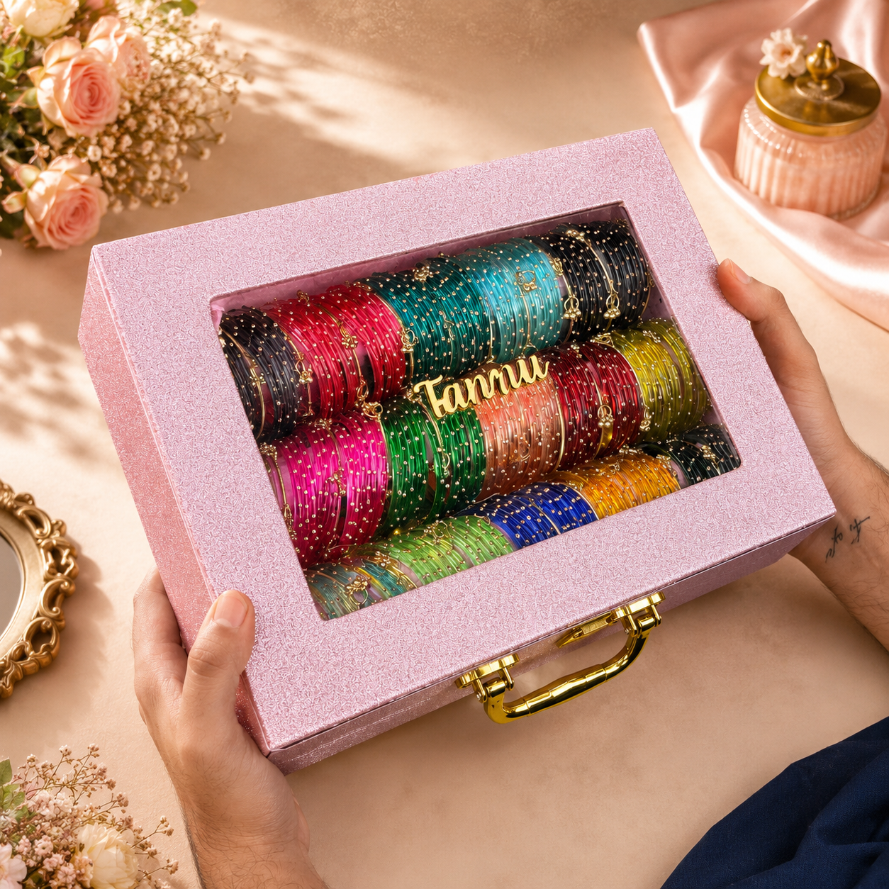 Premium  Bangle  Box With Name (180 Bangles + 33 Ghungroo Bangles + Light)