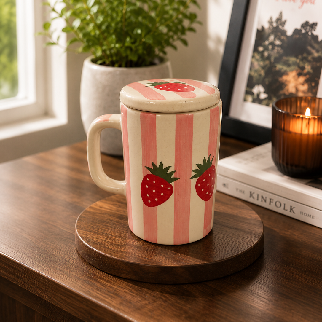 Strawberry Stripe Mug With Lid