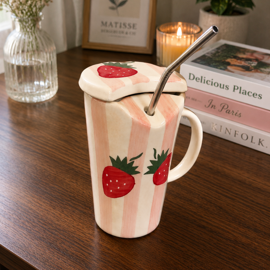 Ceramic Tumbler With Straw - Strawberry Pink Stripe
