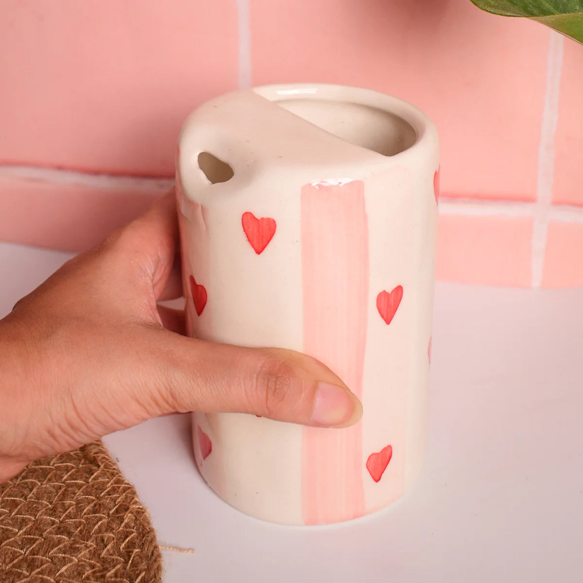 Ceramic Sip Tumbler - Pink Striped Hearts